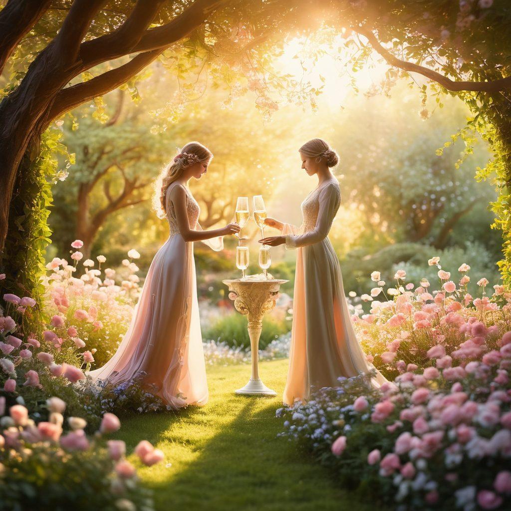 A whimsical yet elegant scene featuring two intertwined silhouettes exploring a lush, vibrant garden filled with blooming flowers, softly illuminated by warm golden light. Emphasize a playful and sensual atmosphere with subtle hints of romance, and include elements like champagne glasses and floating petals. The background should suggest an ethereal dreamlike quality. pastel colors. soft focus.