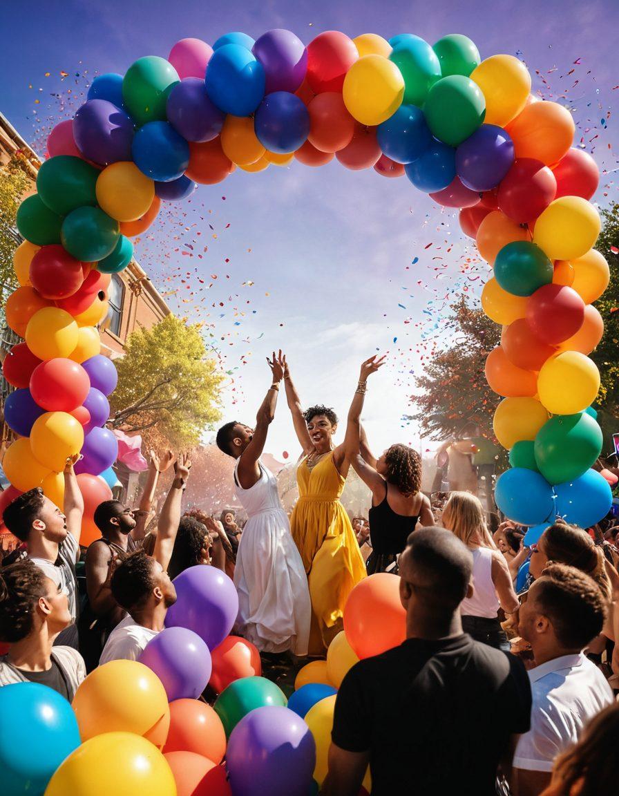 A vibrant and colorful scene showcasing a lively LGBTQ+ celebration, with diverse individuals enjoying various forms of adult entertainment. Include elements like joyful dance, art installations, and playful interactions under a rainbow-colored arch. Incorporate a festive atmosphere with balloons, music notes, and confetti. The setting should be inviting and warmly lit to enhance feelings of joy and acceptance. super-realistic. vibrant colors. festive background.