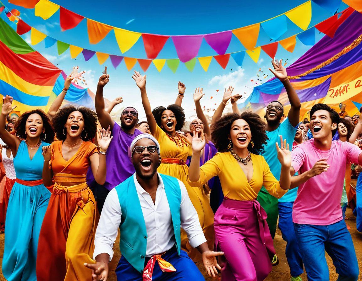 A dynamic scene depicting a colorful festival celebrating diversity and joy, featuring a diverse group of creatively dressed adults engaging in various entertainment activities. Include elements like vibrant banners, playful decorations, and an electric atmosphere filled with laughter and music. The background should showcase a picturesque landscape reflecting creativity and inclusiveness. super-realistic. vibrant colors. festival theme.